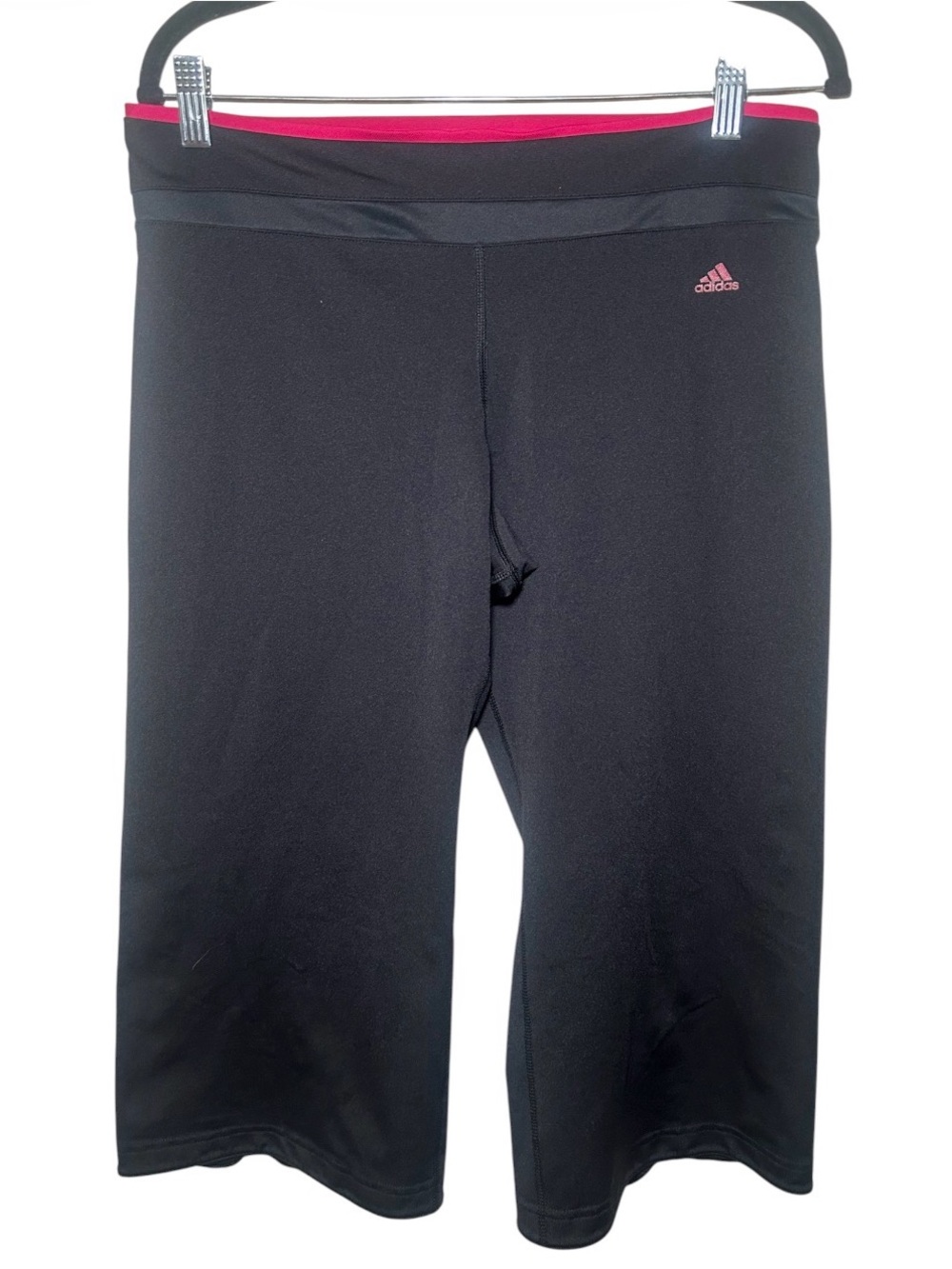 adidas Black Capri Workout Pants Pink Accent Wide Leg Comfort Active Gym Workout